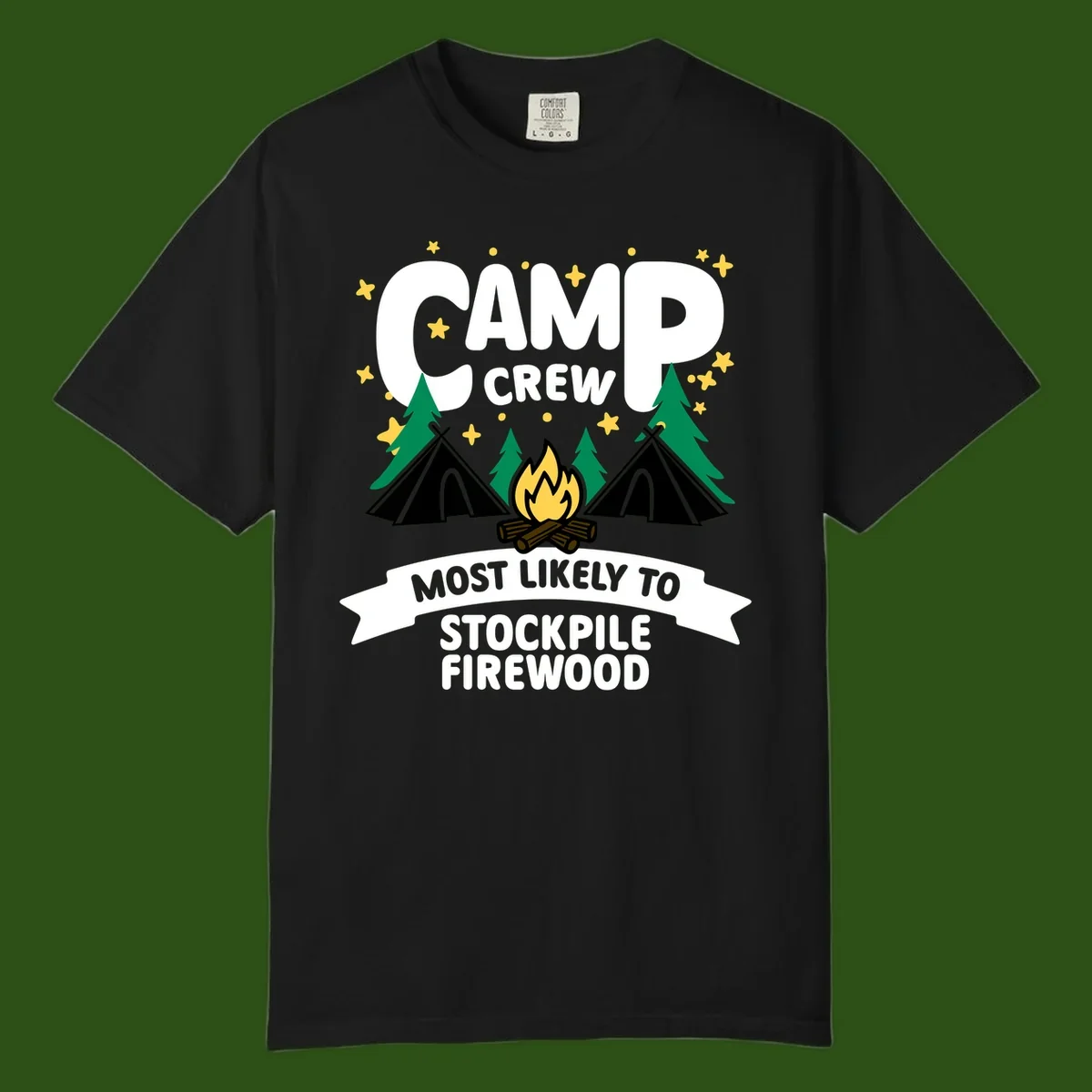 Camp crew firewood superlative design with campfire, tents, and evergreen trees on gray background with stars