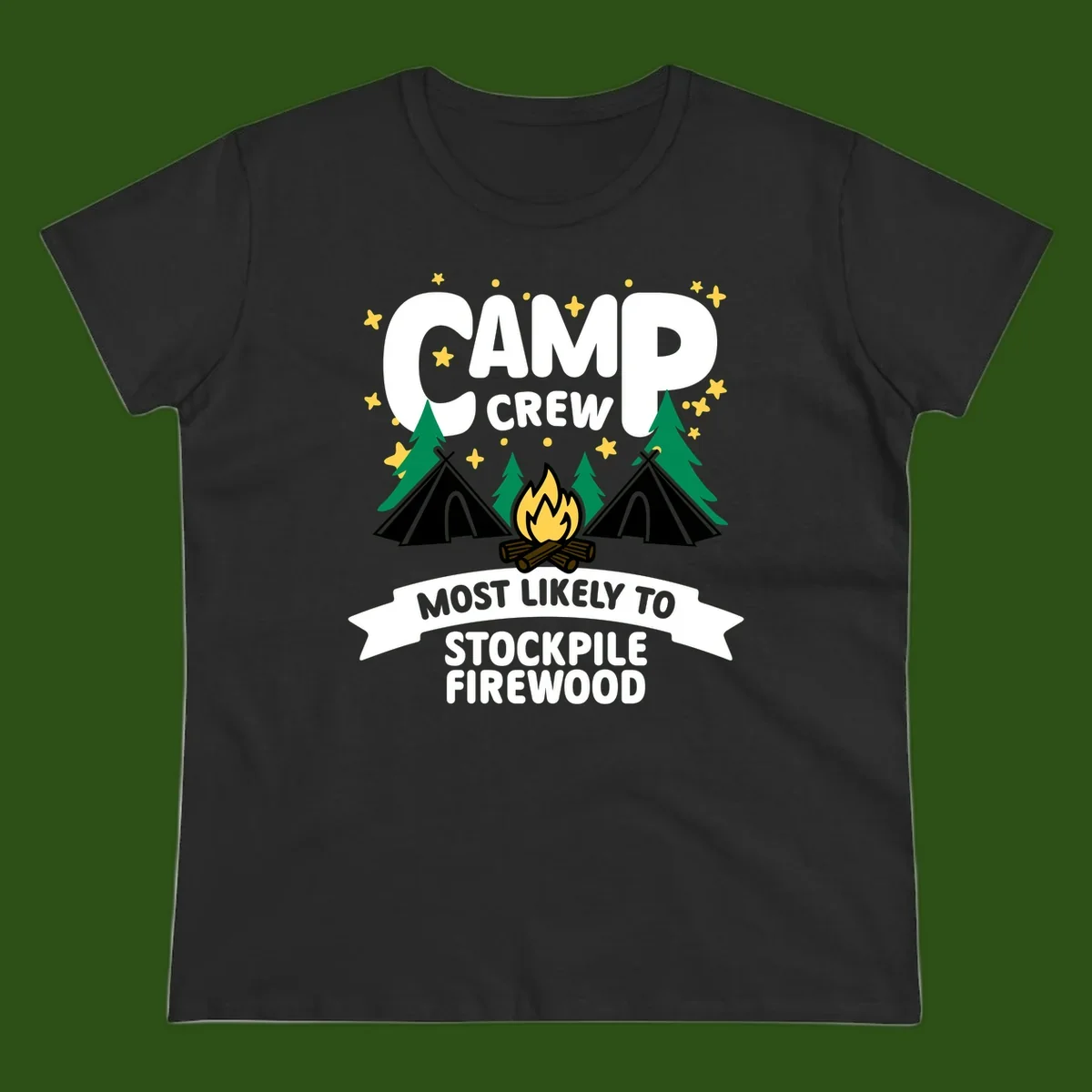 Camp crew firewood superlative design with campfire, tents, and evergreen trees on gray background with stars