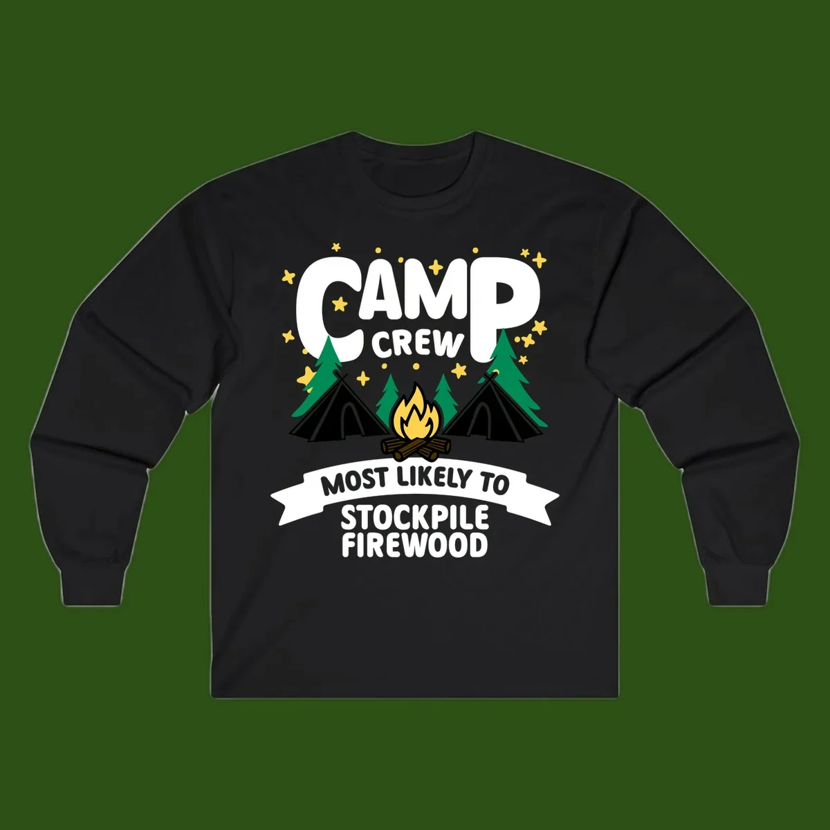 Camp crew firewood superlative design with campfire, tents, and evergreen trees on gray background with stars