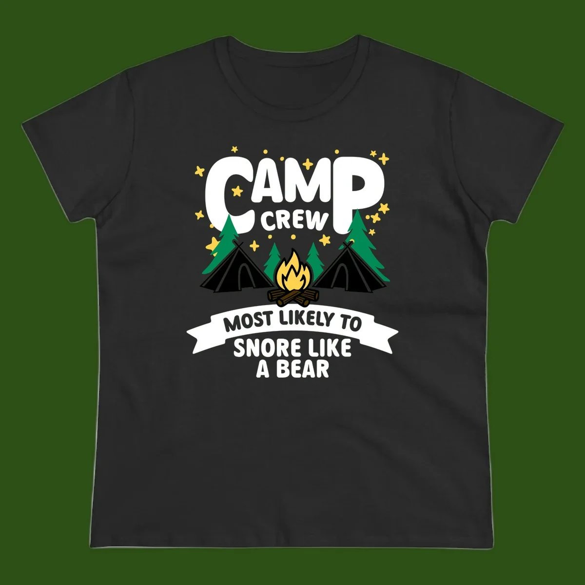 Camp Crew Snore Like A Bear design with teepees, campfire, trees, and stars on gray background
