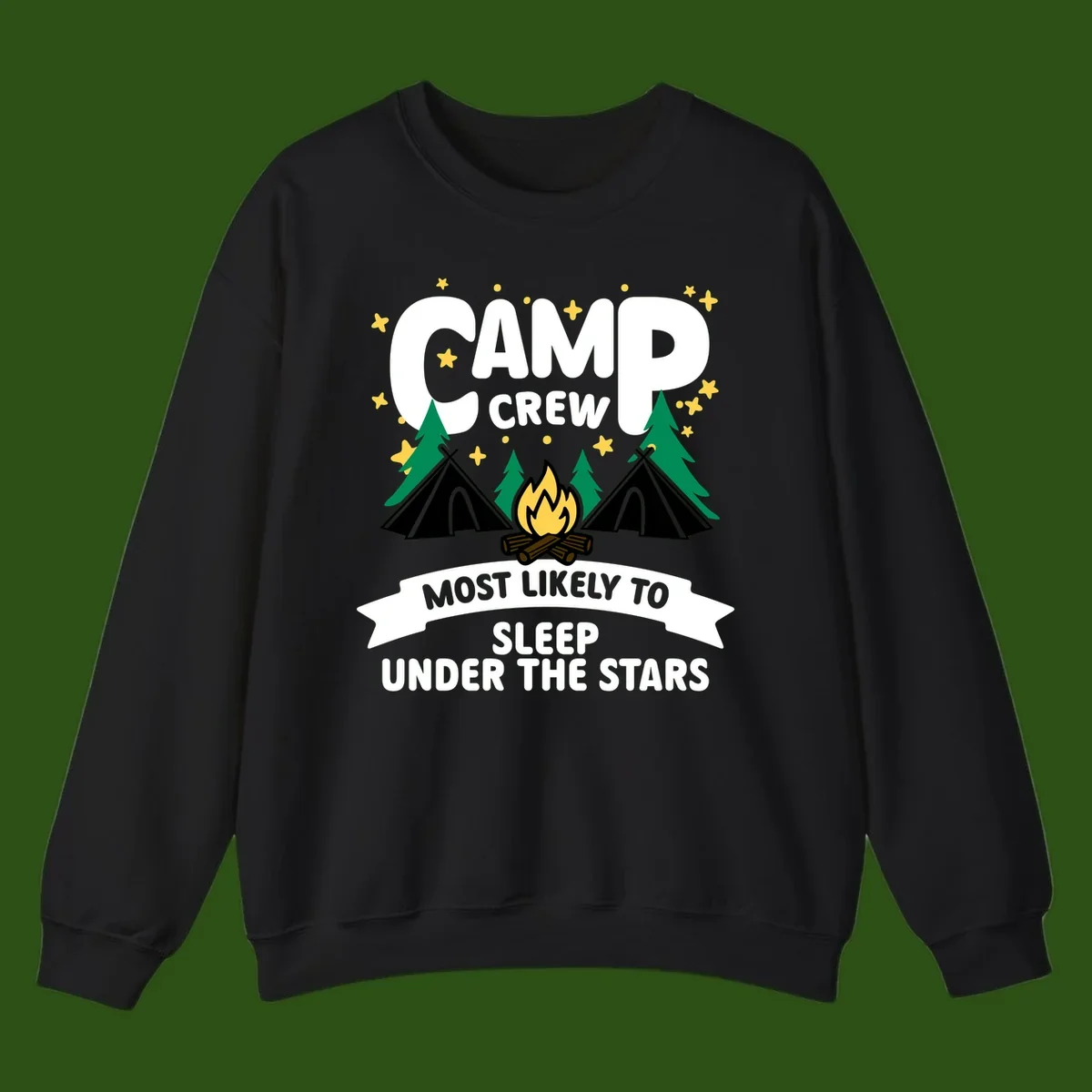 Camp crew campfire design with tents and stars. Text reads 'Most Likely To Sleep Under The Stars'