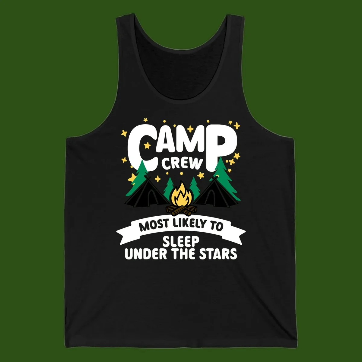 Camp crew campfire design with tents and stars. Text reads 'Most Likely To Sleep Under The Stars'