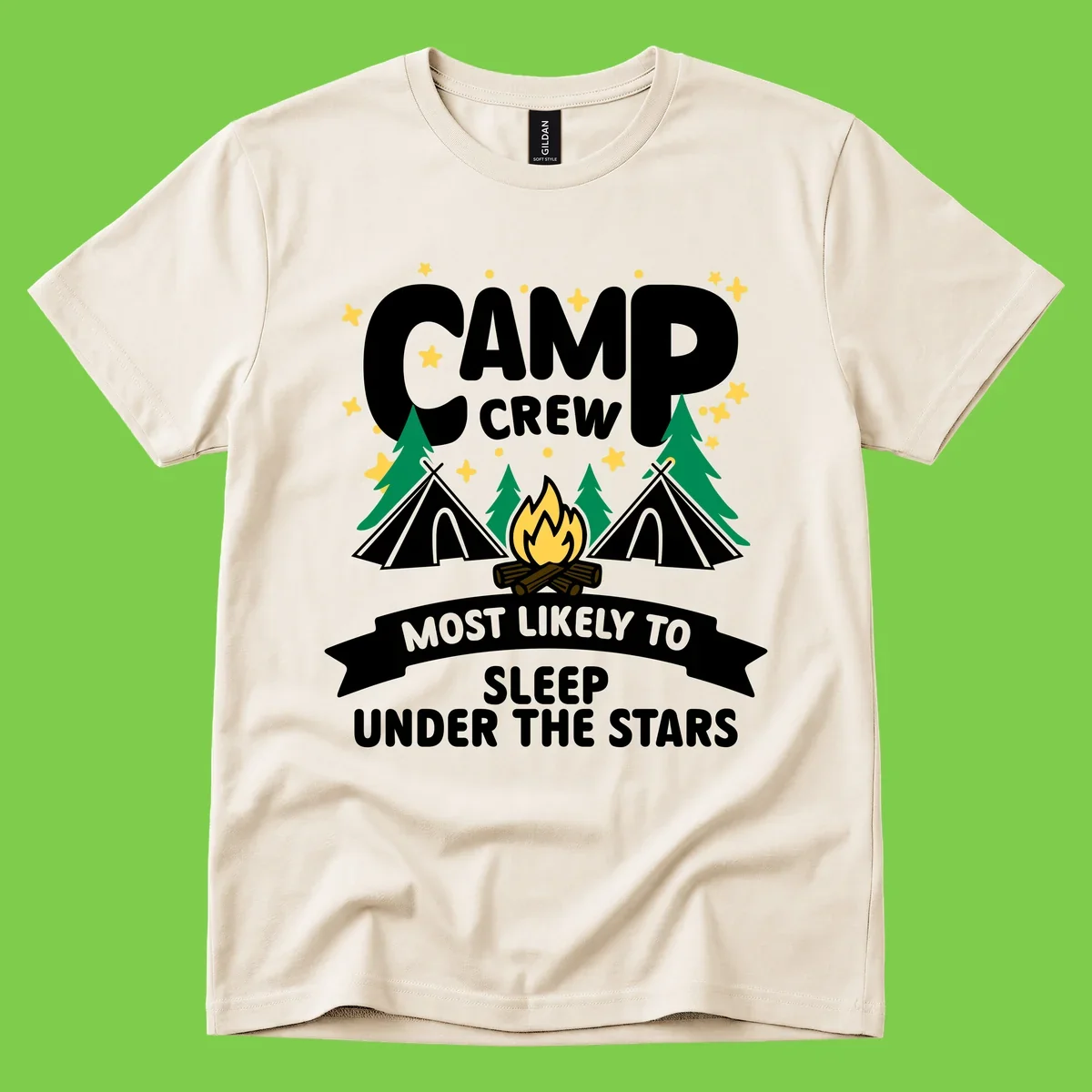 Camp crew campfire design with tents and stars. Text reads 'Most Likely To Sleep Under The Stars'