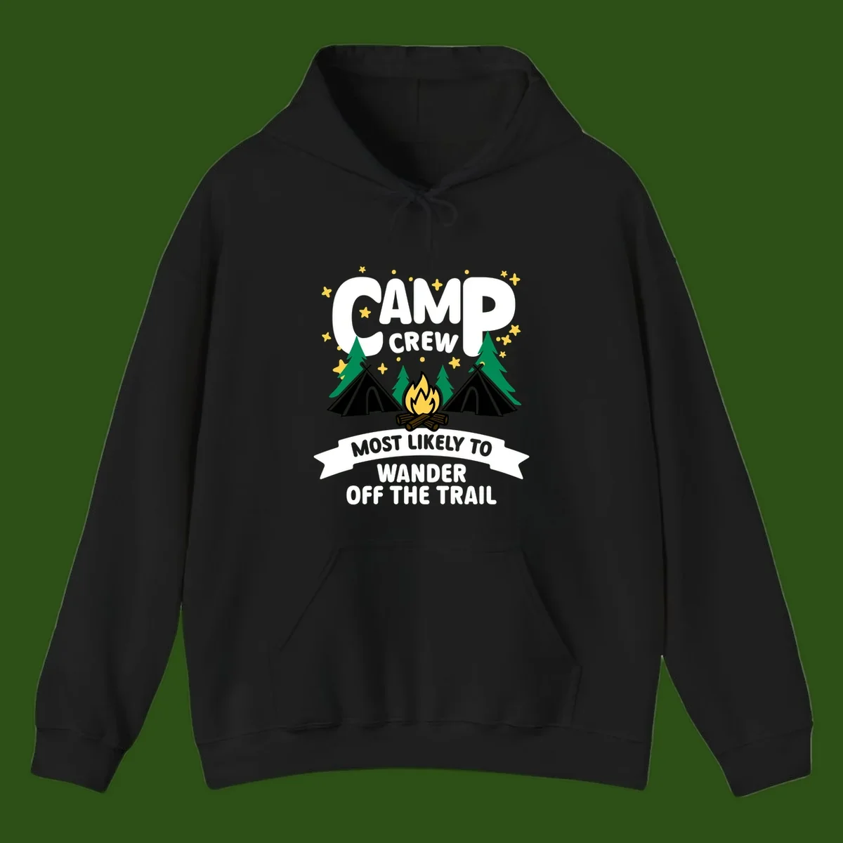 Camp crew wander off trail design with campfire, teepees, trees, and stars on gray background