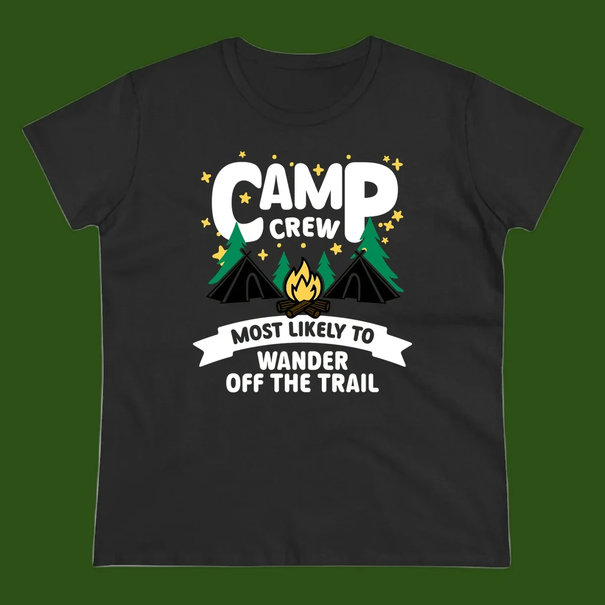 Camp crew wander off trail design with campfire, teepees, trees, and stars on gray background