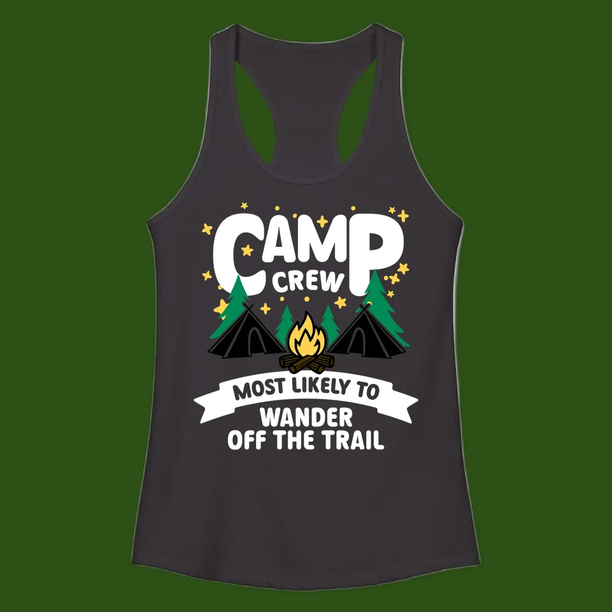 Camp crew wander off trail design with campfire, teepees, trees, and stars on gray background