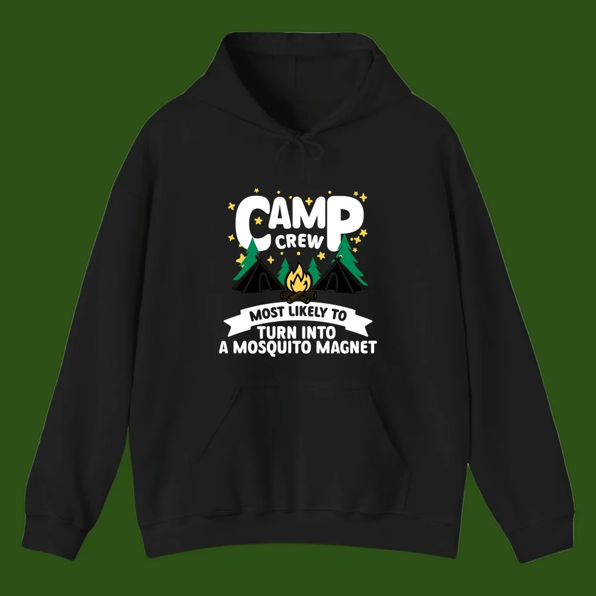 Mosquito magnet camp design with tents, campfire, trees and stars; 'Camp Crew' text with humorous camping superlative