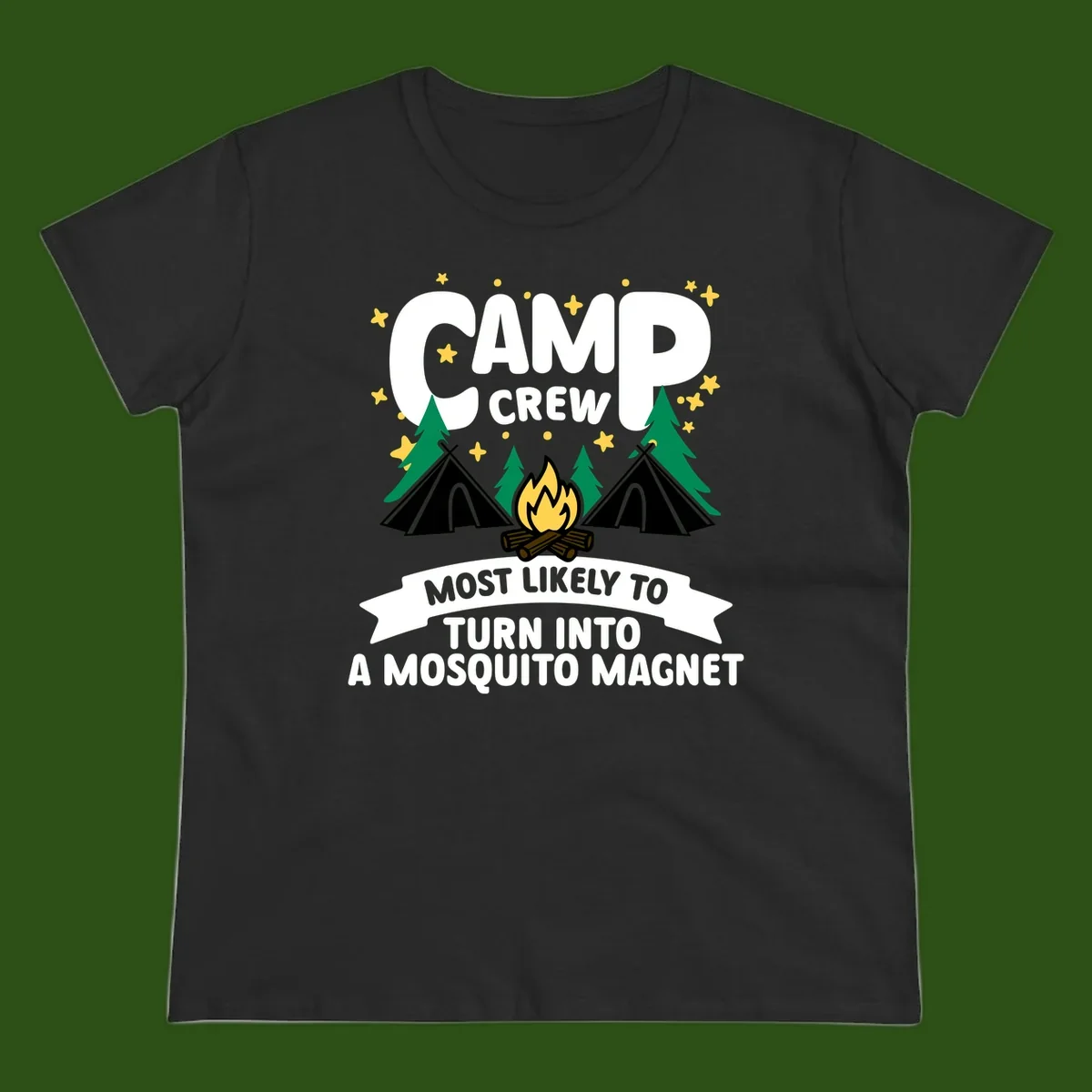 Mosquito magnet camp design with tents, campfire, trees and stars; 'Camp Crew' text with humorous camping superlative
