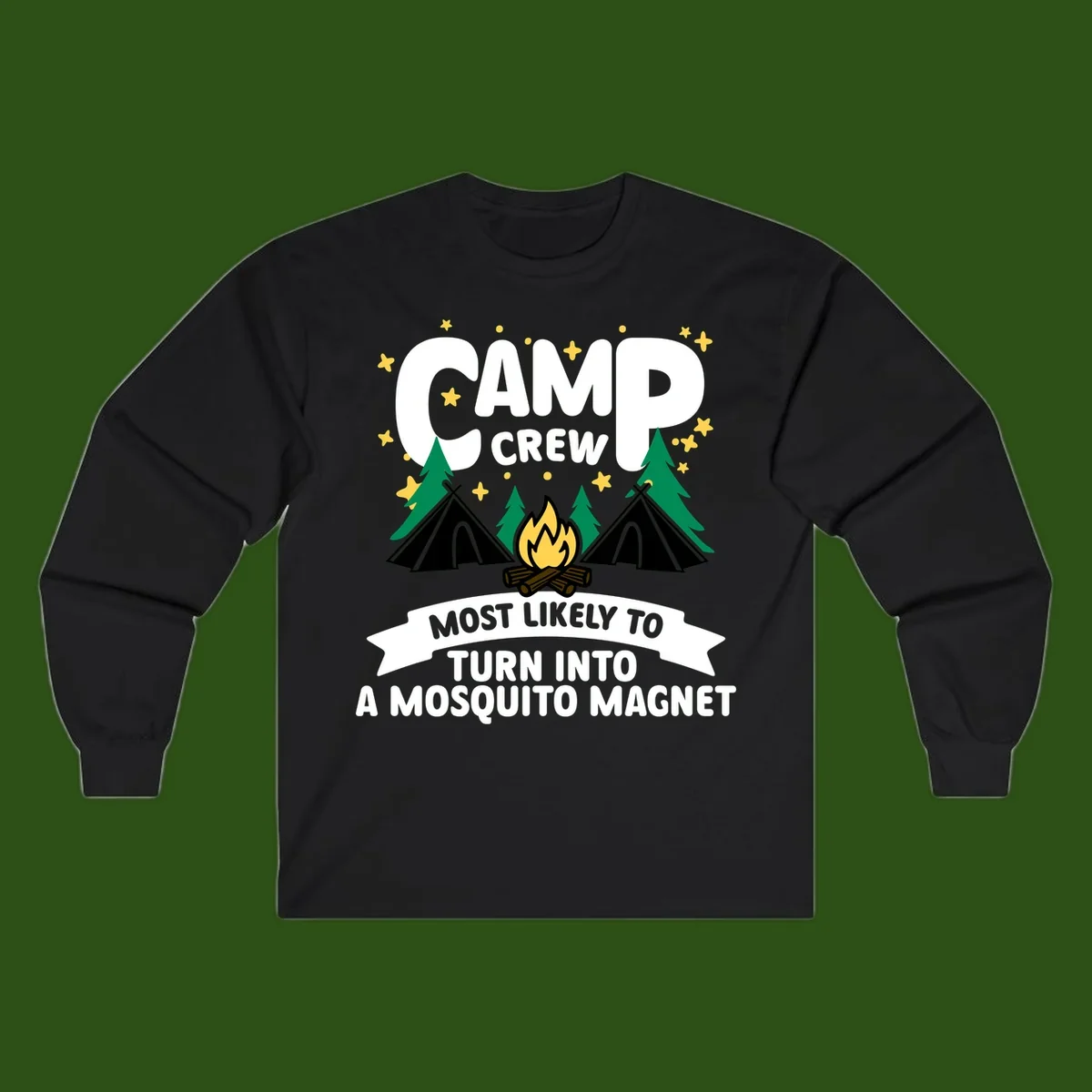 Mosquito magnet camp design with tents, campfire, trees and stars; 'Camp Crew' text with humorous camping superlative