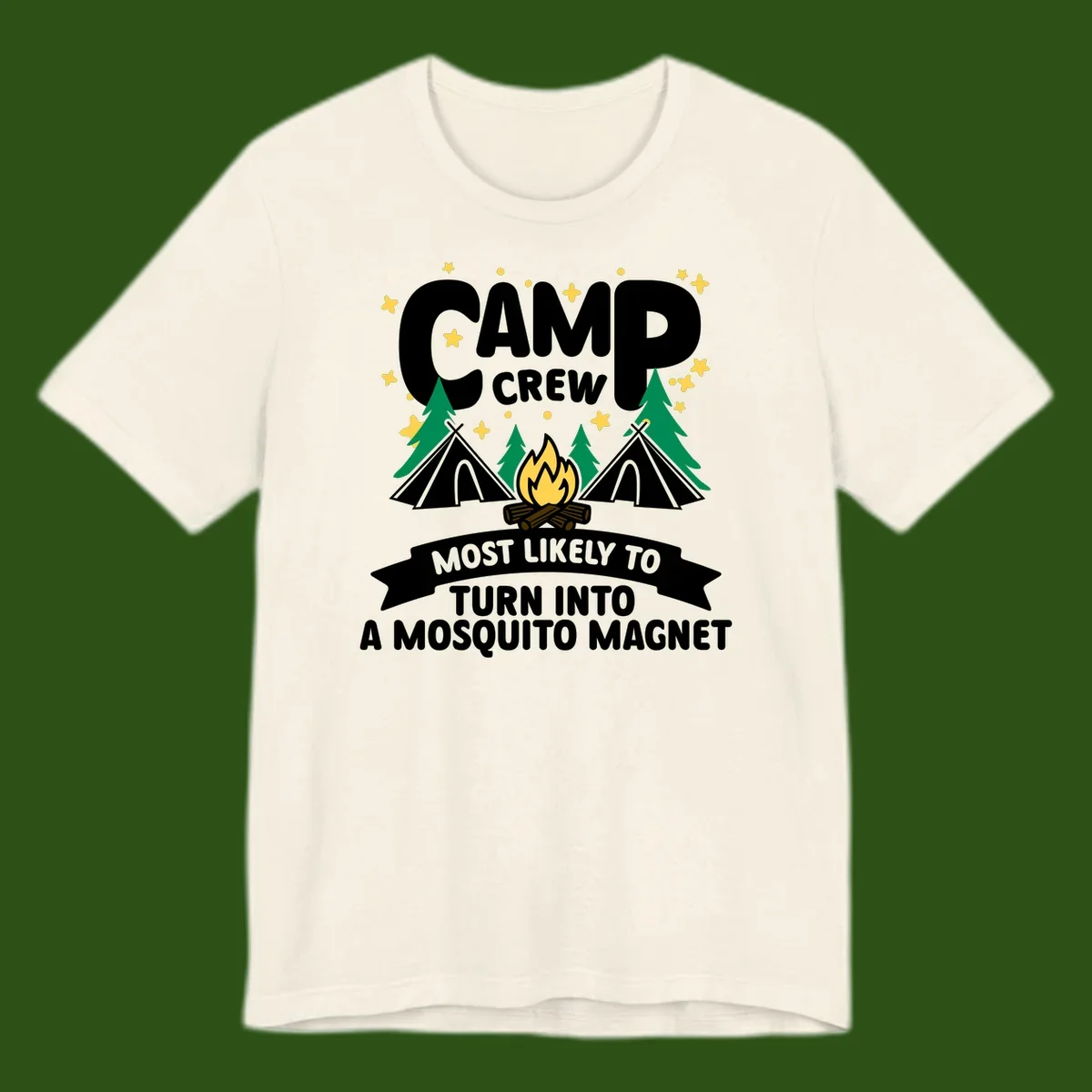 Mosquito magnet camp design with tents, campfire, trees and stars; 'Camp Crew' text with humorous camping superlative