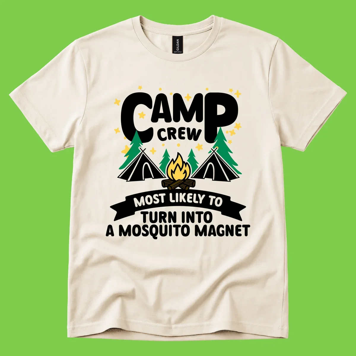 Mosquito magnet camp design with tents, campfire, trees and stars; 'Camp Crew' text with humorous camping superlative