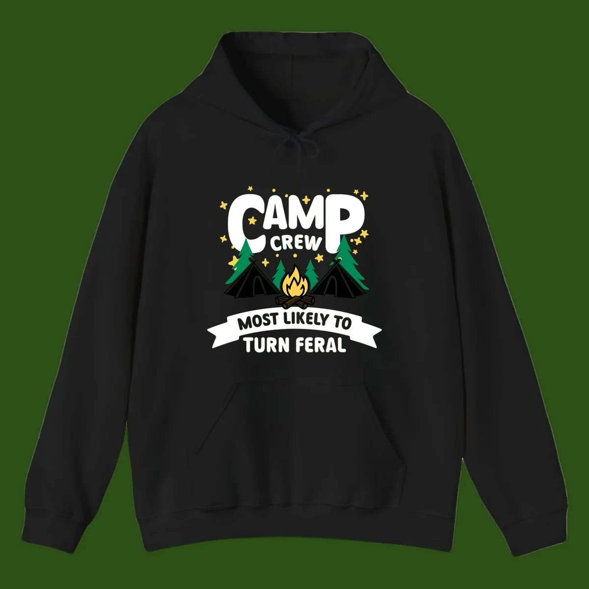 Camp crew camping design with tents, campfire, trees and stars showing 'most likely to turn feral' humor