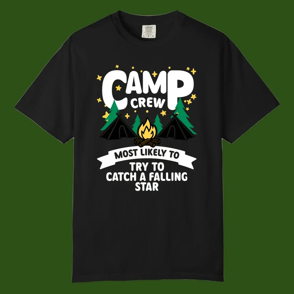Camp crew falling star design with campfire, tents, trees, and stars on gray background