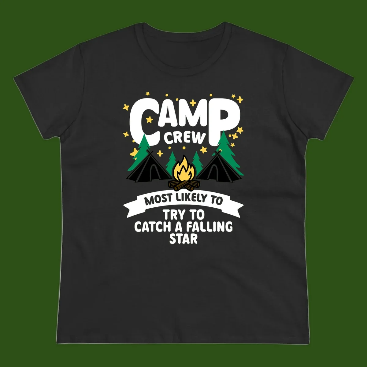Camp crew falling star design with campfire, tents, trees, and stars on gray background