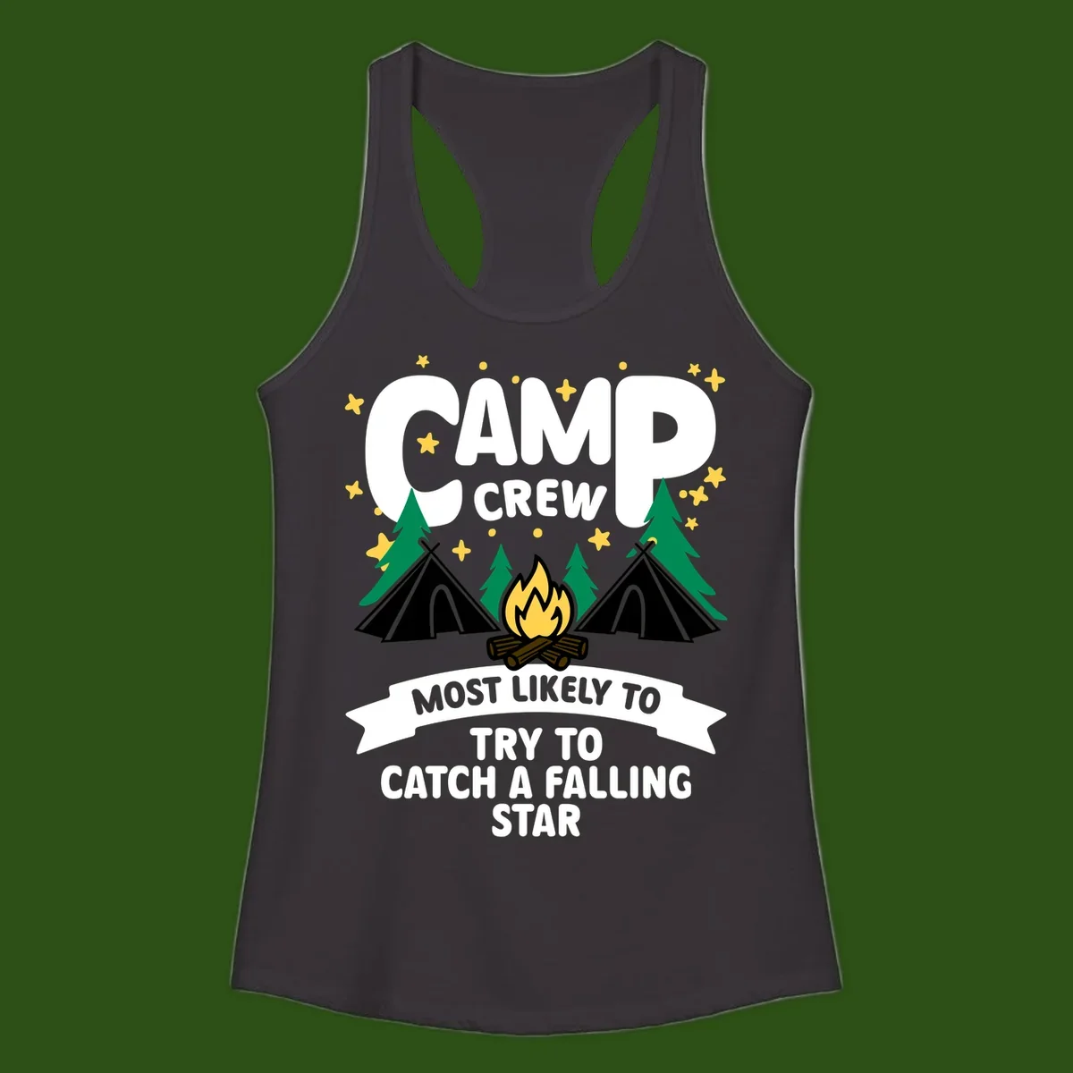 Camp crew falling star design with campfire, tents, trees, and stars on gray background