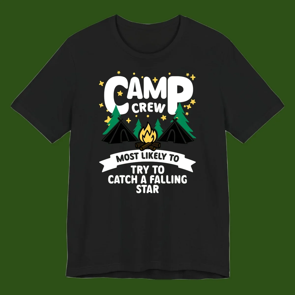 Camp crew falling star design with campfire, tents, trees, and stars on gray background