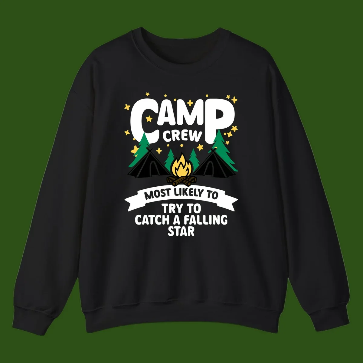 Camp crew falling star design with campfire, tents, trees, and stars on gray background