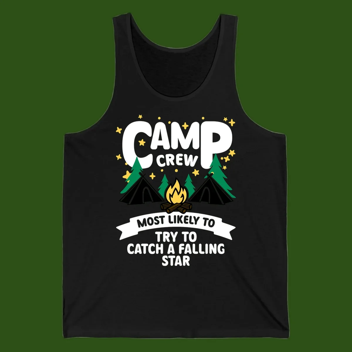 Camp crew falling star design with campfire, tents, trees, and stars on gray background