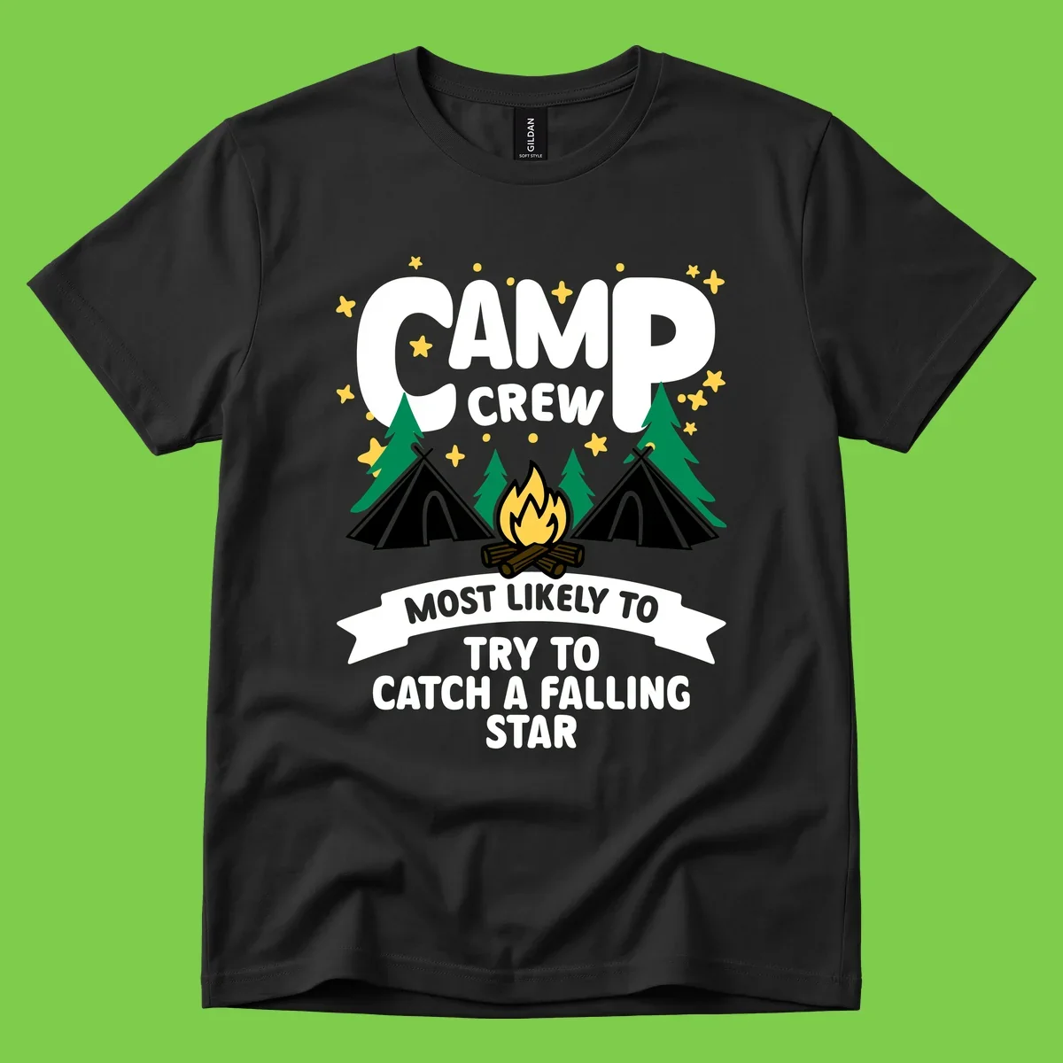 Camp crew falling star design with campfire, tents, trees, and stars on gray background