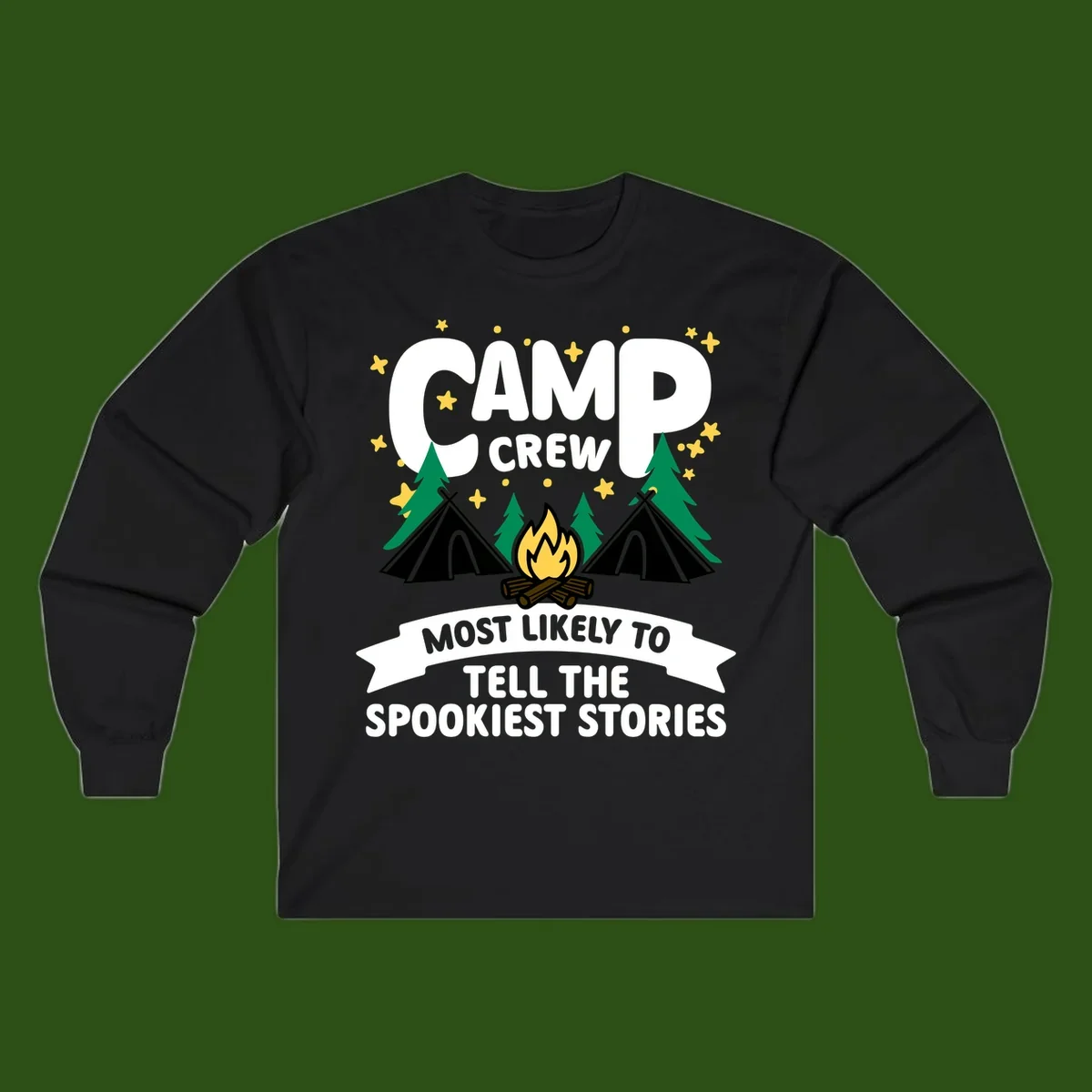 Camp crew spooky stories design: campfire with teepees, trees, and stars with text about telling the spookiest stories