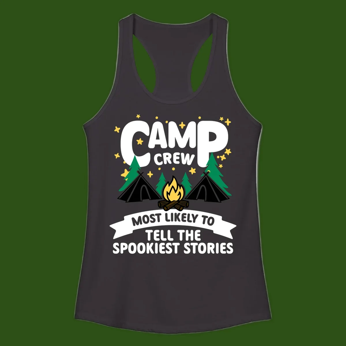Camp crew spooky stories design: campfire with teepees, trees, and stars with text about telling the spookiest stories