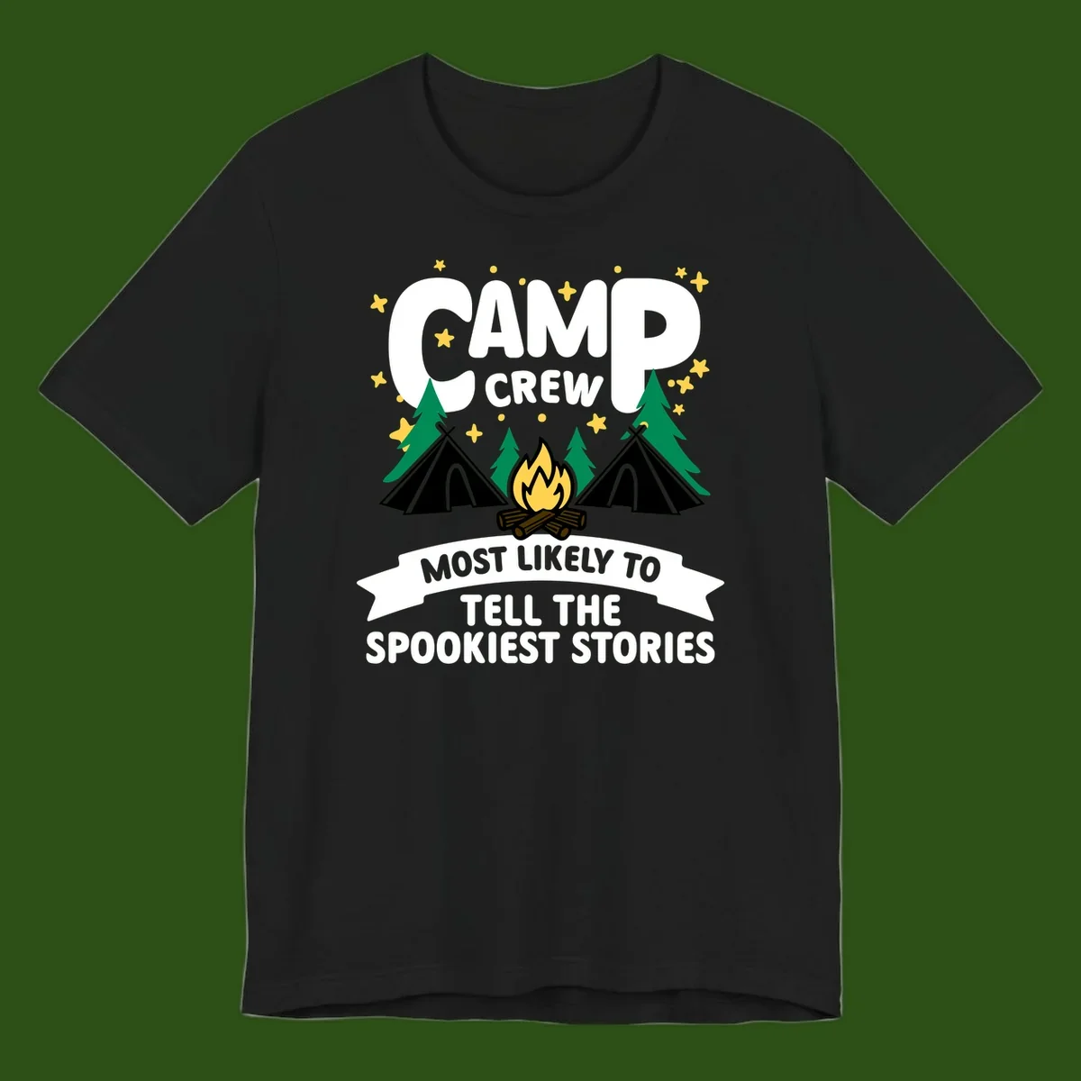 Camp crew spooky stories design: campfire with teepees, trees, and stars with text about telling the spookiest stories
