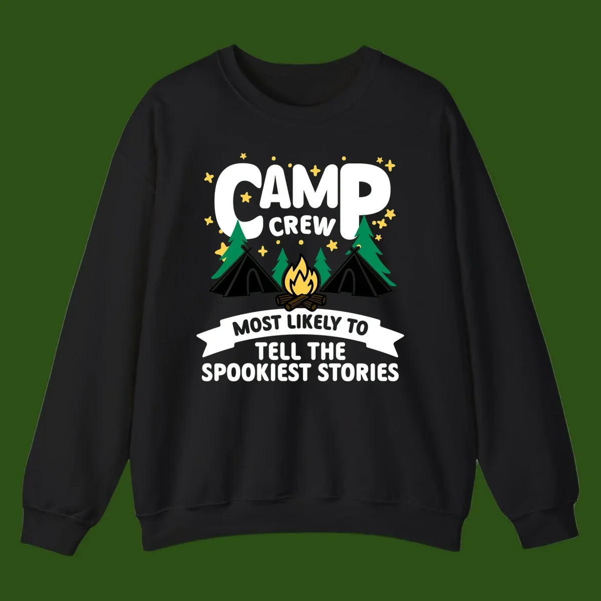 Camp crew spooky stories design: campfire with teepees, trees, and stars with text about telling the spookiest stories