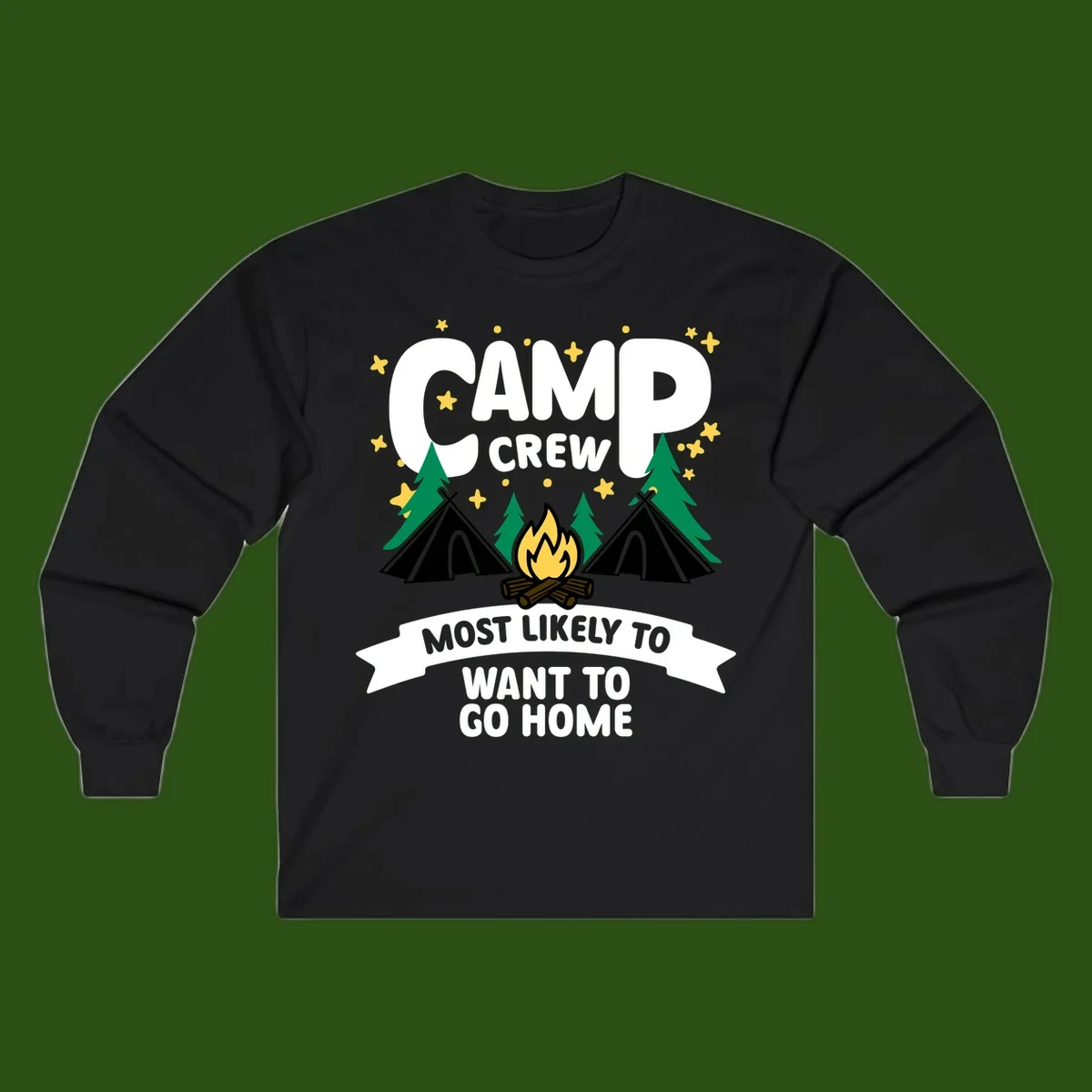 Camp crew most likely to want home design with campfire, teepees, trees and stars on gray background