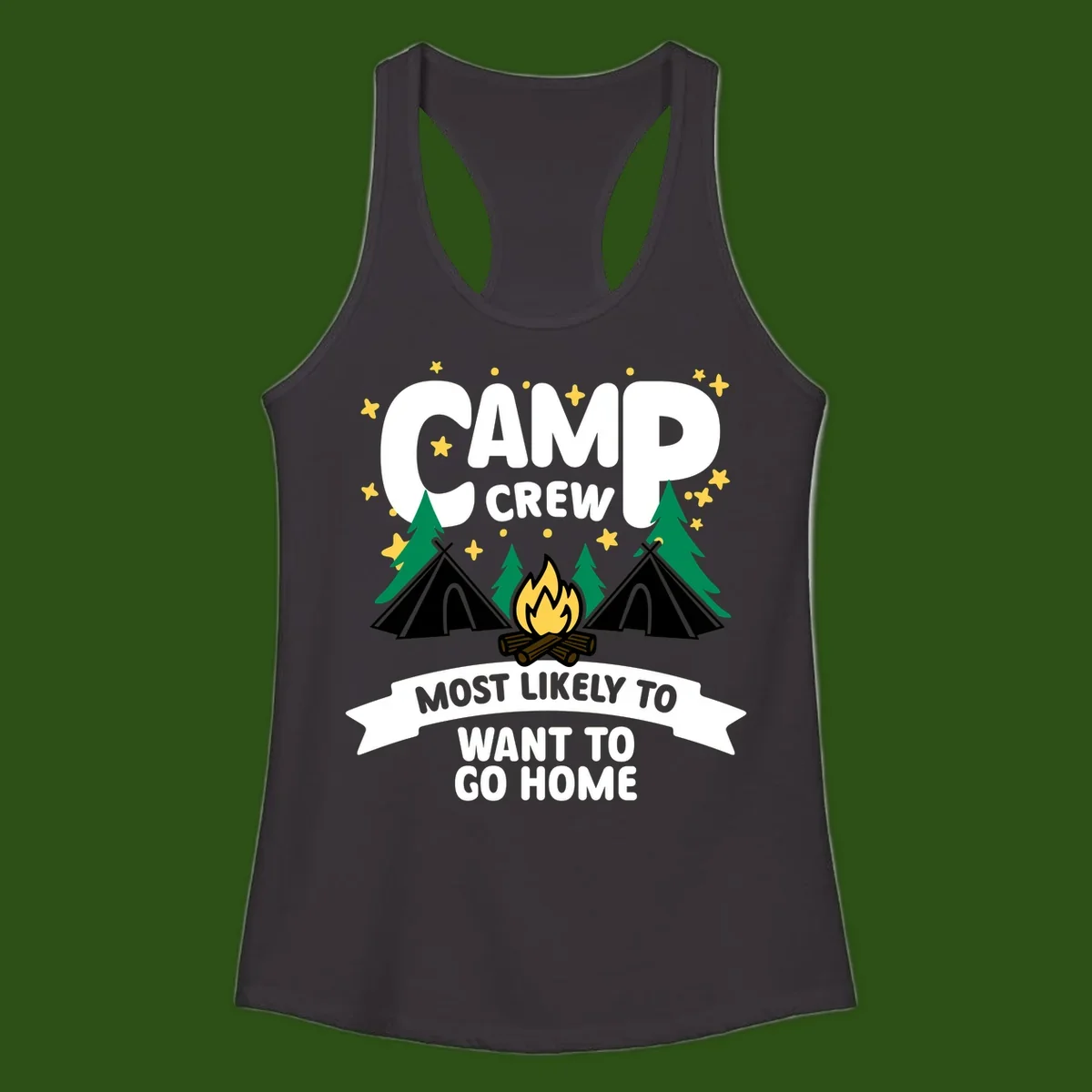 Camp crew most likely to want home design with campfire, teepees, trees and stars on gray background