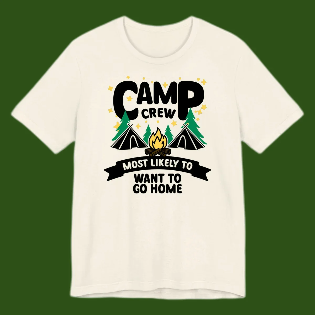 Camp crew most likely to want home design with campfire, teepees, trees and stars on gray background