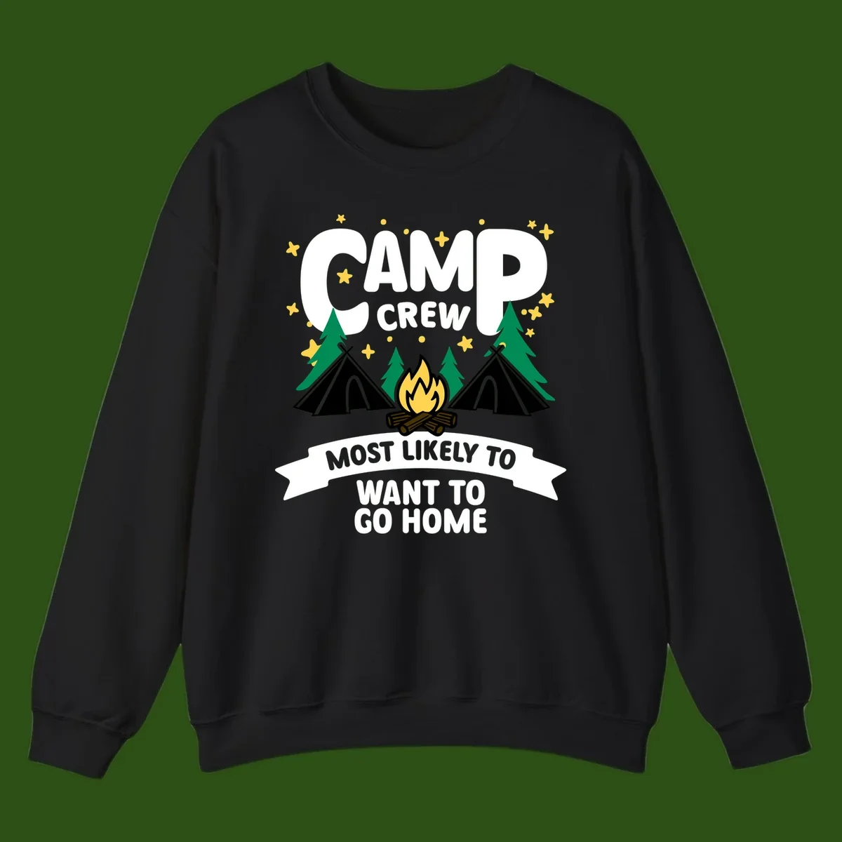 Camp crew most likely to want home design with campfire, teepees, trees and stars on gray background