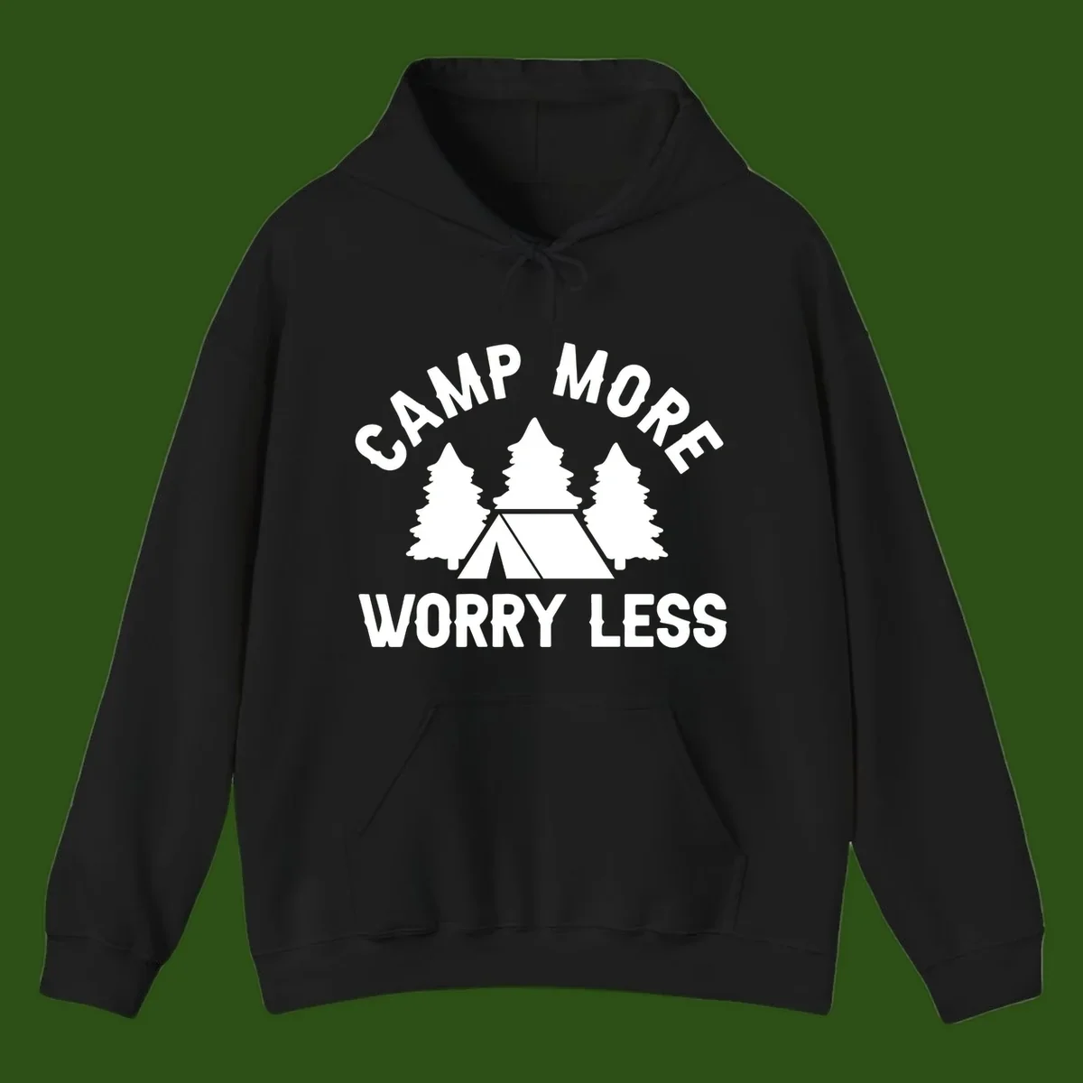 Camp more worry less design with tent and evergreen trees illustration on gray background