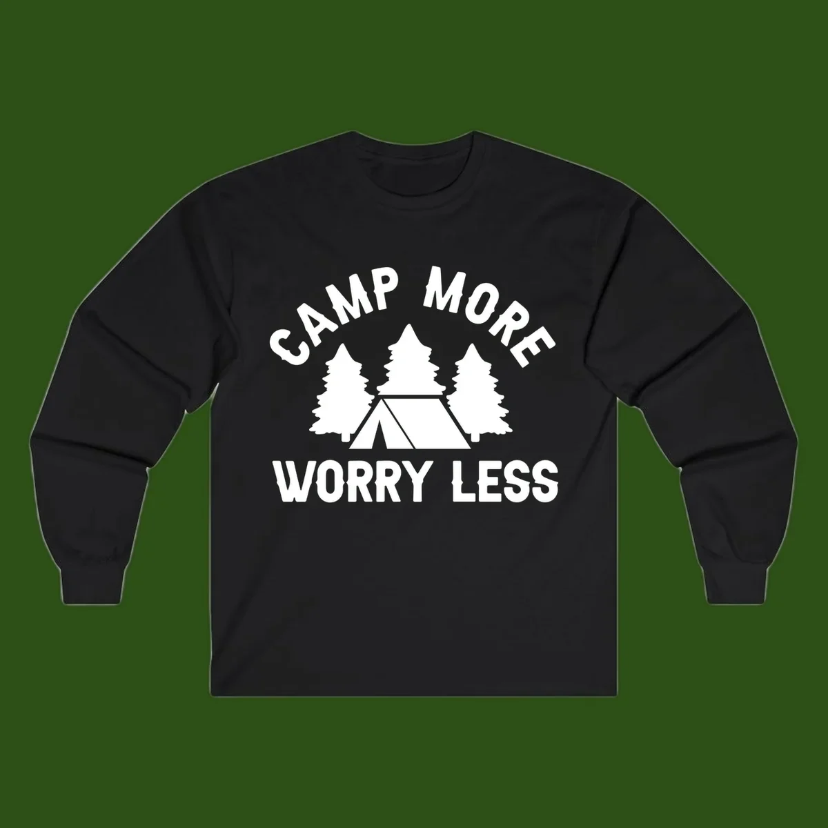 Camp more worry less design with tent and evergreen trees illustration on gray background
