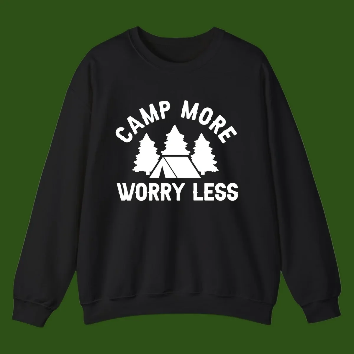 Camp more worry less design with tent and evergreen trees illustration on gray background