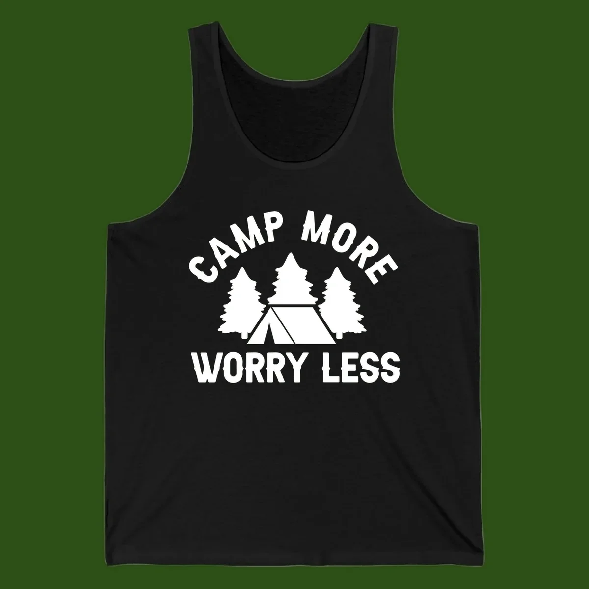 Camp more worry less design with tent and evergreen trees illustration on gray background