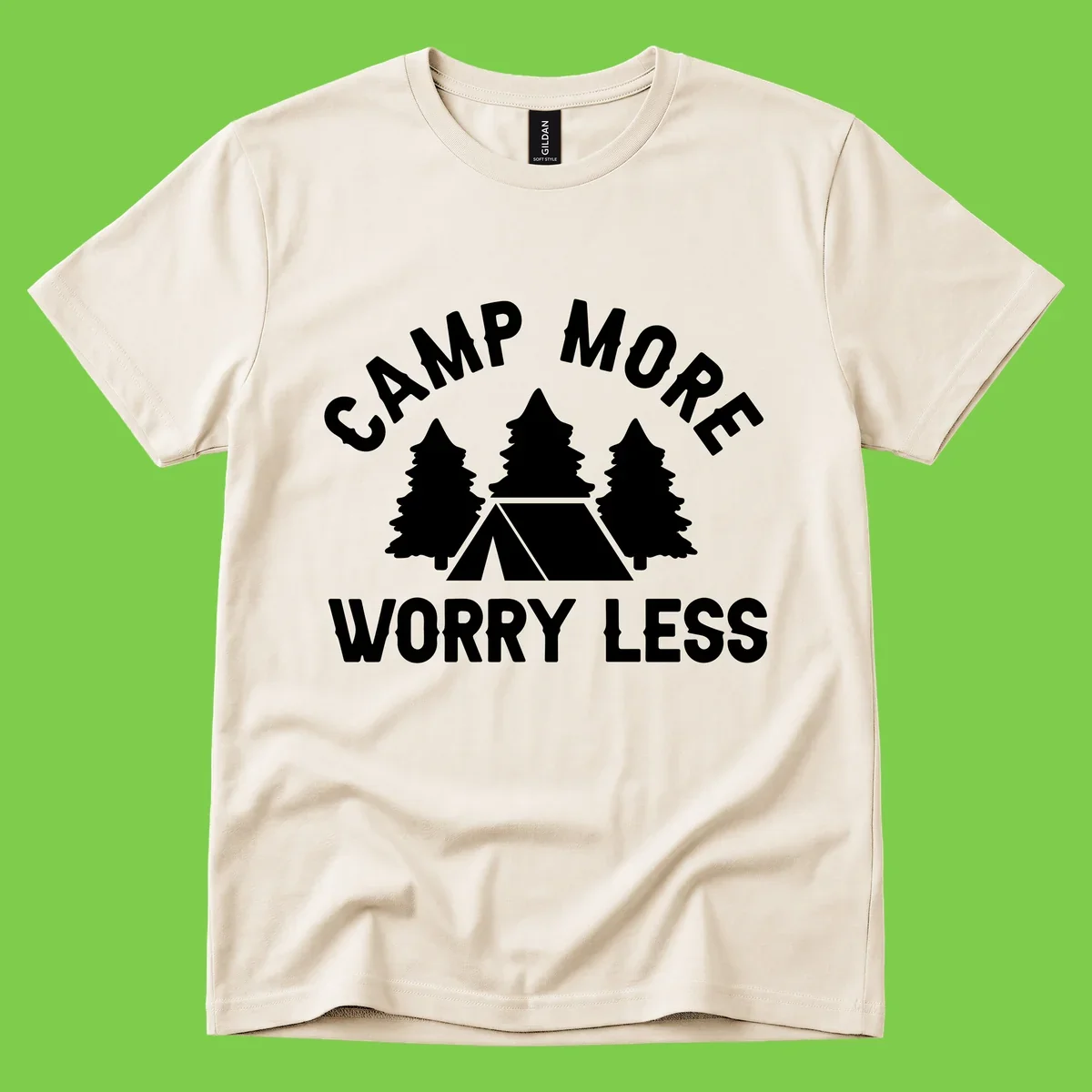 Camp more worry less design with tent and evergreen trees illustration on gray background