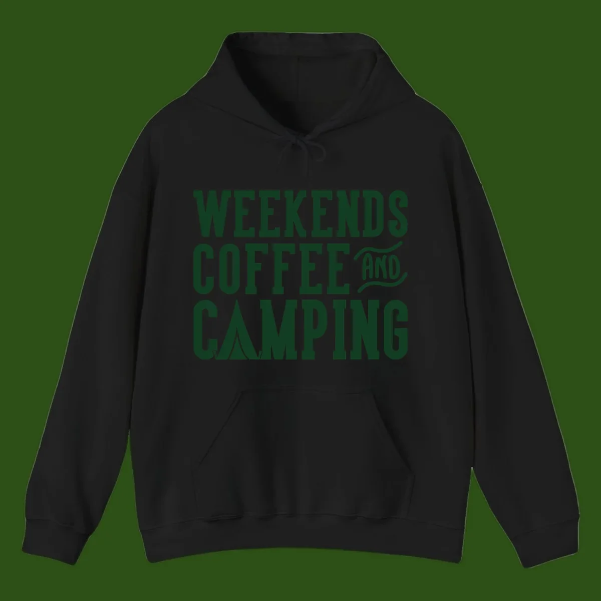 Dark green text reading 'Weekends Coffee And Camping' with tent icon on gray background