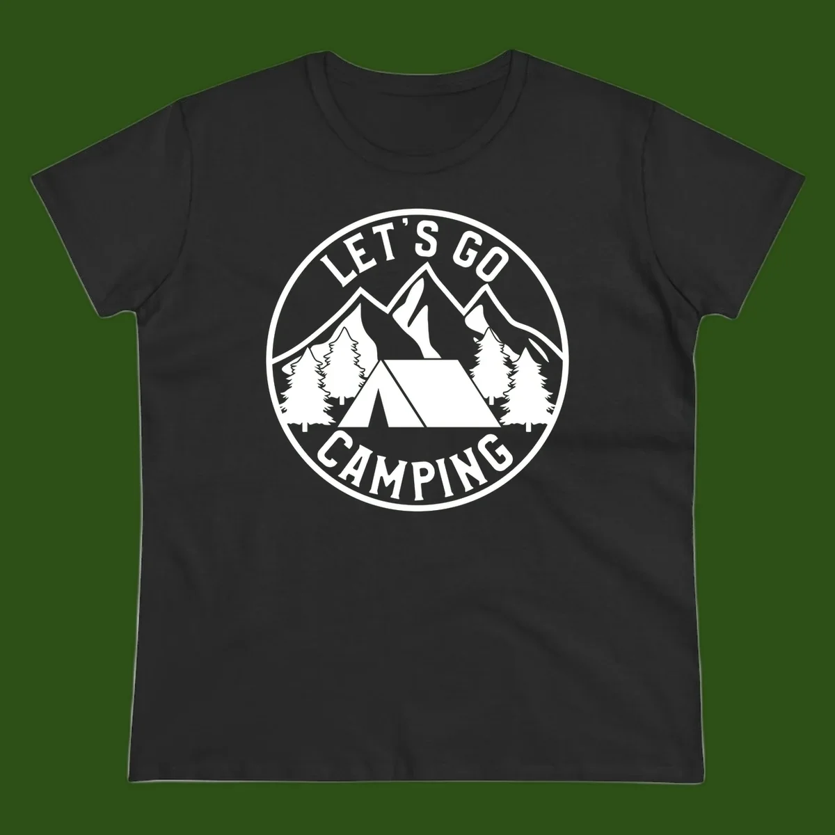 Circular let's go camping badge with tent, trees, and mountains in white and gray