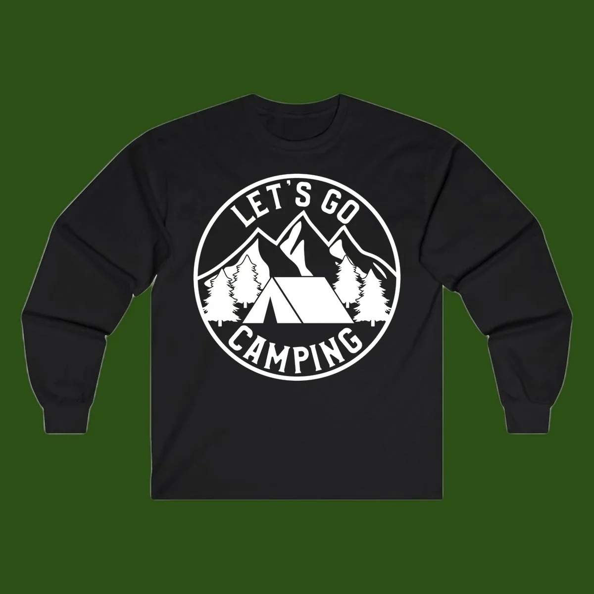 Circular let's go camping badge with tent, trees, and mountains in white and gray