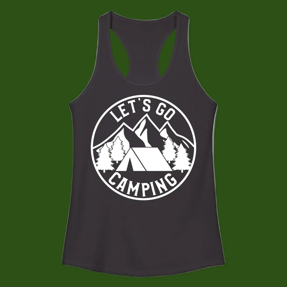 Circular let's go camping badge with tent, trees, and mountains in white and gray