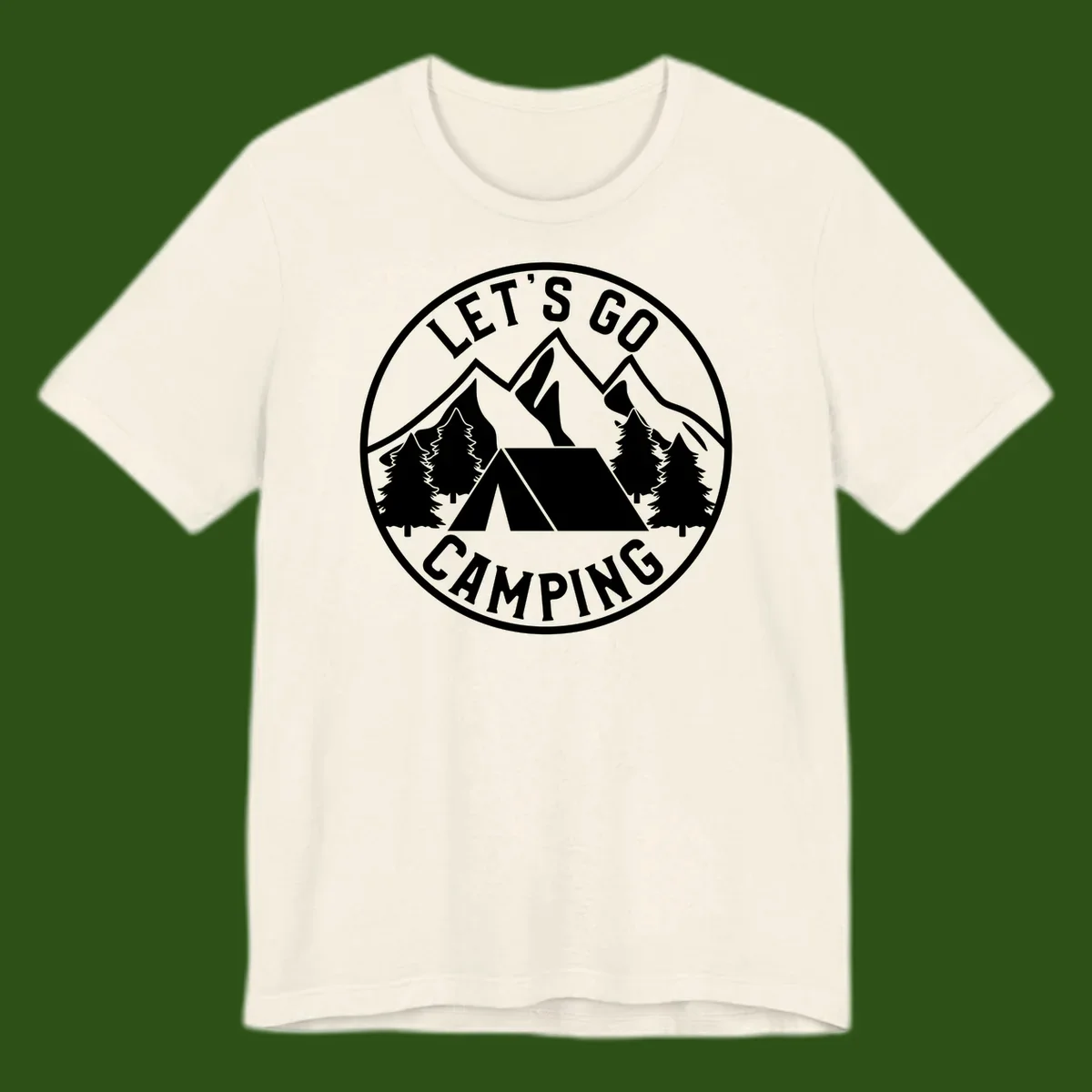 Circular let's go camping badge with tent, trees, and mountains in white and gray