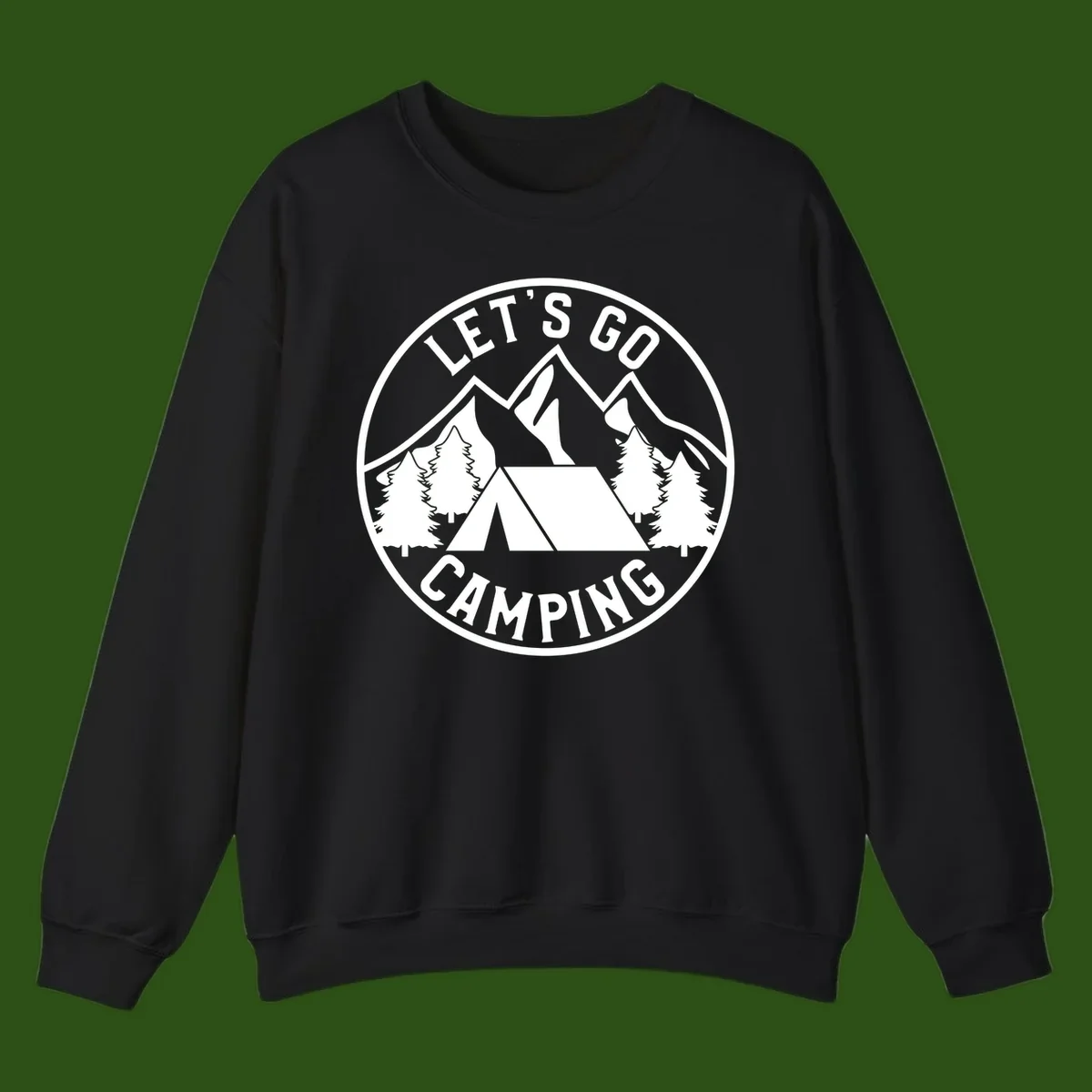 Circular let's go camping badge with tent, trees, and mountains in white and gray
