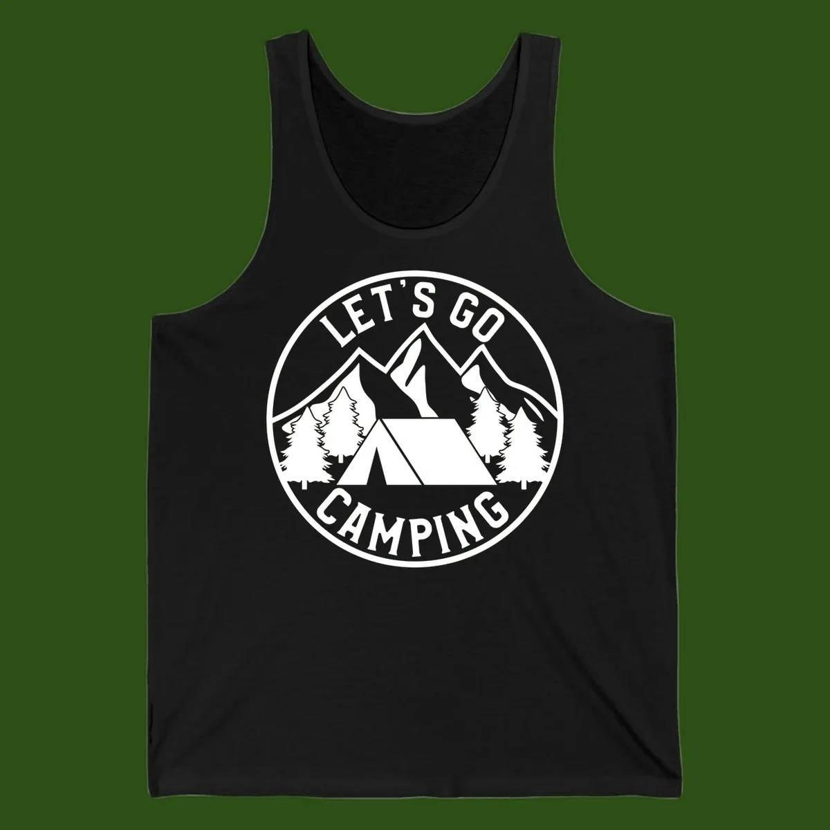 Circular let's go camping badge with tent, trees, and mountains in white and gray