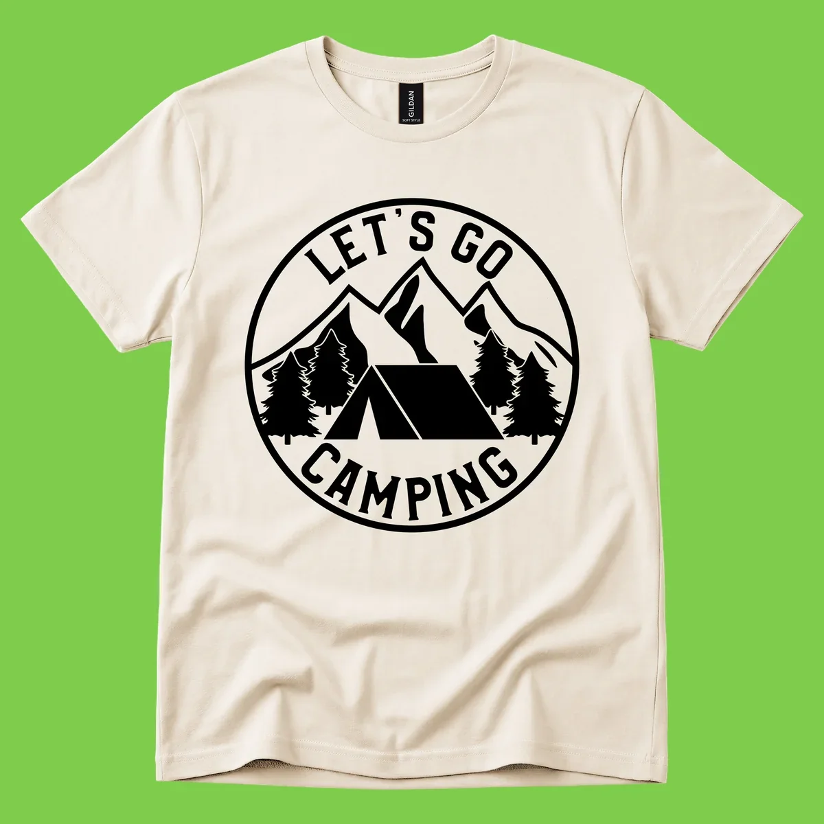 Circular let's go camping badge with tent, trees, and mountains in white and gray