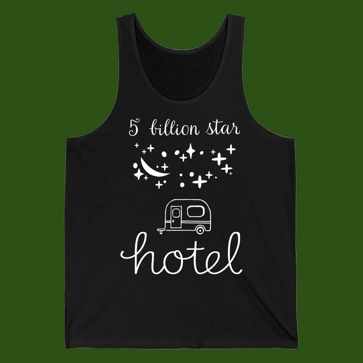 Five billion star hauled design: crescent moon and stars above a travel trailer with nighttime camping text