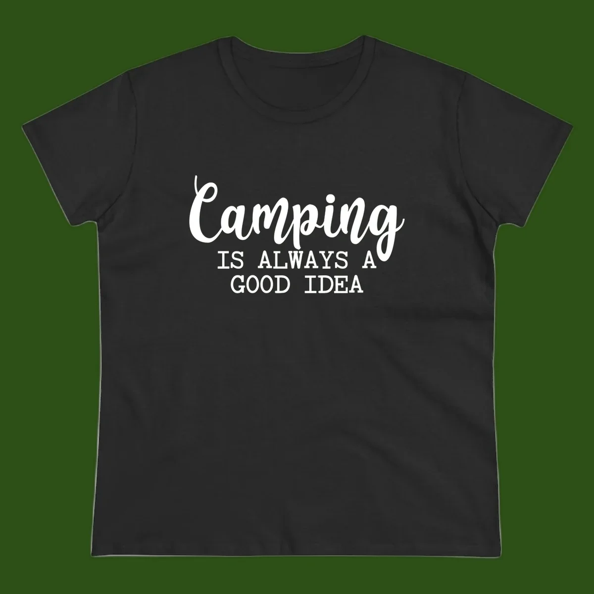 White script and sans-serif text reading 'Camping IS ALWAYS A GOOD IDEA' on gray background
