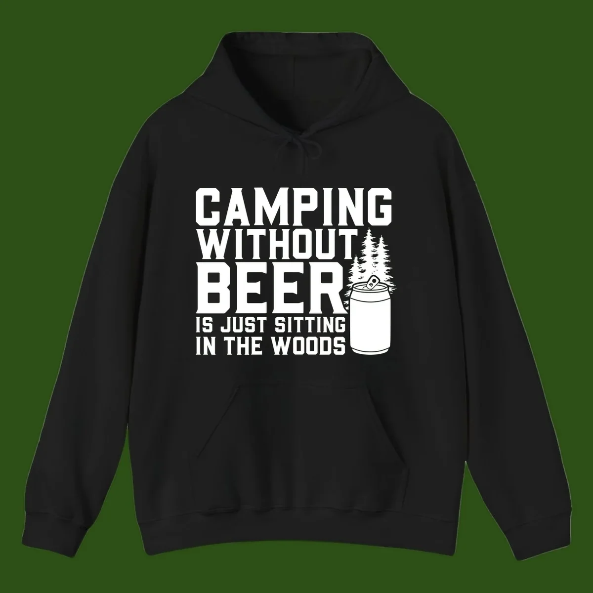 Camping without beer design with bold text, beer mug, and pine trees on gray background