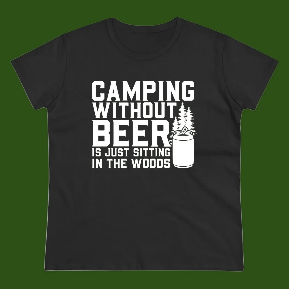 Camping without beer design with bold text, beer mug, and pine trees on gray background