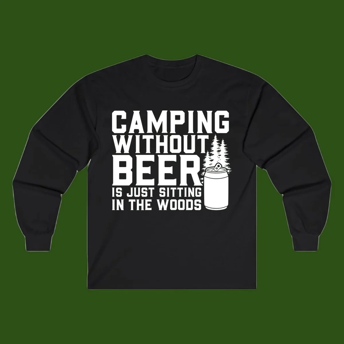 Camping without beer design with bold text, beer mug, and pine trees on gray background