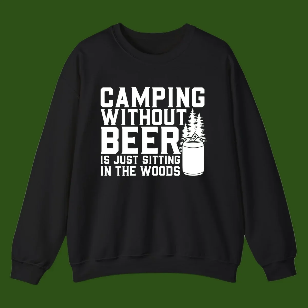 Camping without beer design with bold text, beer mug, and pine trees on gray background